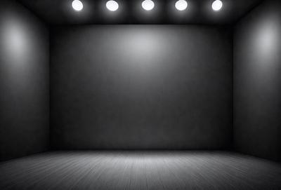 The primary subject of the image is a black stage with a white background. The setting is a dark room with a black stage curtain. The visual style is a black and white photo. The colors and mood of the image are predominantly dark and dramatic, creating a sense of mystery and anticipation.