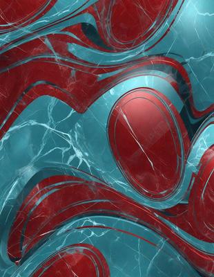 The primary subject of the image is a red and blue marble pattern. The setting is a marble surface, and the visual style appears to be a digital art or illustration. The dominant colors are red and blue, creating a bold and striking pattern.