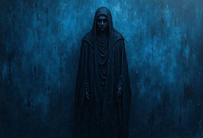 The primary subject of the image is a person wearing a black robe, standing in front of a blue wall. The person appears to be a woman, and the robe she is wearing is long and flowing. The setting is a dark room, and the visual style is a digital art or illustration. The colors in the image are predominantly blue, creating a calm and mysterious atmosphere.