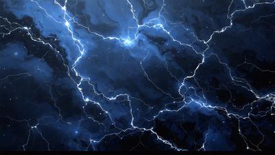 The primary subject of the image is a blue and white lightning bolt, which is the main object, scene, or focus of the image. The setting is a dark, starry night sky, with the lightning bolt as the main visual element. The visual style is a digital art or illustration, as the lightning bolt is depicted in a detailed and artistic manner. The colors and mood of the image are predominantly dark and dramatic, with the lightning bolt standing out as a striking and