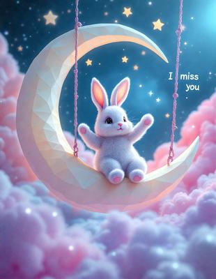 The primary subject of the image is a white bunny rabbit sitting on a swing. The setting is a pink and white cloudy sky, which serves as the backdrop for the scene. The visual style is a digital art or illustration, creating a whimsical and playful atmosphere. The dominant colors are pink and white, giving the image a soft and dreamy feel.