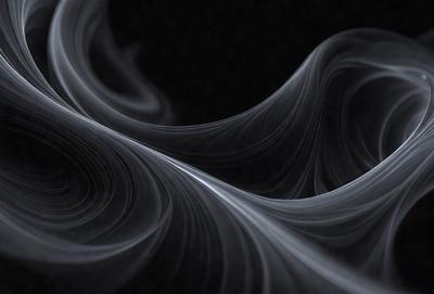 The primary subject of the image is a black and white photo of a smoke-like pattern. The setting is a dark background, which emphasizes the smoke pattern. The visual style is a close-up of the smoke pattern, creating a dramatic and artistic effect. The colors and mood of the image are predominantly dark and moody, with the smoke pattern serving as the focal point.