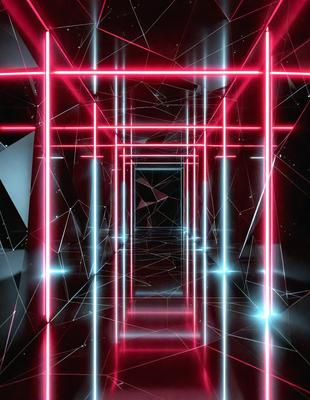 The primary subject of the image is a hallway with a red and black color scheme. The setting is a dark room, and the visual style appears to be a digital art or illustration. The dominant colors are red and black, creating a bold and striking atmosphere.