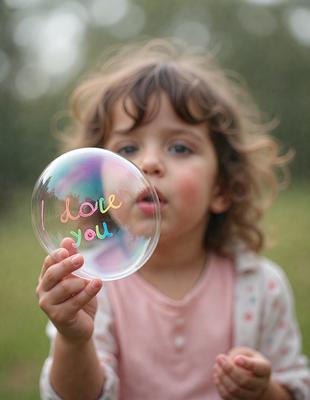 The primary subject of the image is a young girl holding a bubble with the words "I love you" written on it. The setting is outdoors, with a grassy area visible in the background. The visual style appears to be a photo, capturing the girl's interaction with the bubble. The colors in the image are predominantly shades of pink, which gives the scene a warm and affectionate atmosphere.