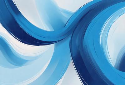 The primary subject of the image is a blue and white painting of a wave. The setting is a white background, and the visual style appears to be a digital art or illustration. The dominant colors are blue and white, creating a calm and serene atmosphere.