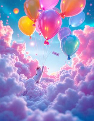 The primary subject of the image is a white cat sitting in a cloudy, pink and blue sky. The cat is surrounded by numerous balloons, which are floating in the sky. The setting appears to be a whimsical and playful environment, with the cat seemingly enjoying the balloons and the overall atmosphere. The visual style of the image is a combination of photo and digital art, creating a unique and imaginative scene. The dominant colors in the image are pink, blue, and white, which contribute