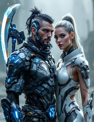 The primary subject of the image is a man and a woman standing close to each other. The man is wearing a futuristic outfit, while the woman is dressed in a white outfit. They are both posing for a picture. The setting appears to be a futuristic environment, possibly a video game or a science fiction scene. The visual style of the image is digital art, as it is a well-crafted and detailed illustration. The colors and mood of the image are predominantly dark and mysterious