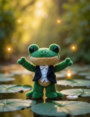 The primary subject of the image is a small green frog figurine, which is wearing a bow tie. The setting is a pond with lily pads surrounding it. The visual style is a combination of photo and digital art, creating a unique and eye-catching scene. The colors are predominantly green, with the frog figurine being the main focus, and the lily pads adding a touch of natural beauty to the image. The overall atmosphere is light-hearted and playful, as the frog