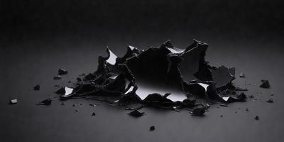The primary subject of the image is a broken glass piece, which is lying on a black surface. The setting appears to be a dark room, and the visual style is a close-up of the broken glass. The colors in the image are predominantly black, and the overall atmosphere is dramatic and moody.