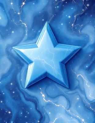 The primary subject of the image is a blue star. The setting is a blue and white background, which creates a contrasting and visually appealing scene. The visual style is a digital art or illustration, as the star is depicted in a detailed and artistic manner. The colors and mood of the image are predominantly blue and white, giving it a calm and serene atmosphere.
