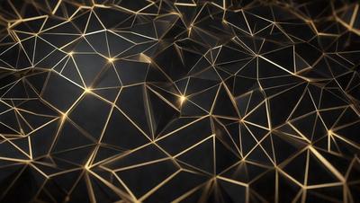 The primary subject of the image is a pattern of gold triangles on a black background. The setting is a dark room, and the visual style appears to be a digital art or illustration. The dominant colors are gold and black, creating a bold and striking pattern.
