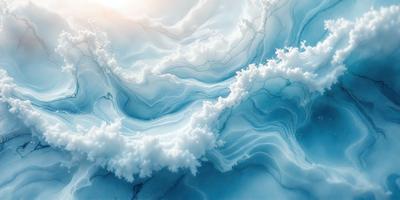 The primary subject of the image is a large body of water, possibly an ocean, with a cloudy blue sky above it. The setting is a vast expanse of water, with the sky serving as the background. The visual style of the image is a combination of photo and digital art, creating a realistic yet artistic representation of the scene. The colors and mood of the image are predominantly blue, with a slightly cloudy and moody atmosphere.