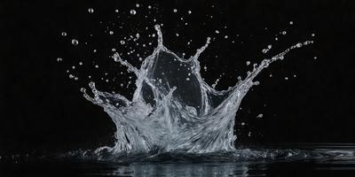 The primary subject of the image is a water splash, which appears to be a water drop or a bubble. The setting is a dark background, which contrasts with the water splash. The visual style is a close-up of the water splash, showcasing its details. The colors and mood of the image are predominantly dark, with the water splash being the main focus and source of light.
