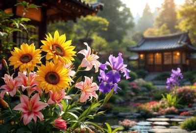 The primary subject of the image is a beautiful garden filled with a variety of flowers. The garden is situated in front of a building, which serves as the setting for the scene. The visual style of the image is a photo, capturing the vibrant colors and details of the flowers. The colors and mood of the image are lively and cheerful, with the flowers creating a sense of warmth and natural beauty.