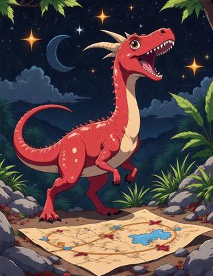 Primary subject: A red dinosaur with a map in its mouth.

Setting/background: The dinosaur is standing in a forest with a map in its mouth.

Visual style: The image is a digital art or illustration.

Colors and mood: The dominant colors are red and green, creating a lively and vibrant atmosphere.