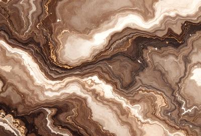 The primary subject of the image is a marble-like stone with a brown and white color scheme. The setting is a natural environment, possibly a rock formation or a stone wall. The visual style is a close-up of the stone, showcasing its intricate patterns and textures. The colors and mood of the image are earthy and natural, with a sense of depth and complexity in the stone's structure.