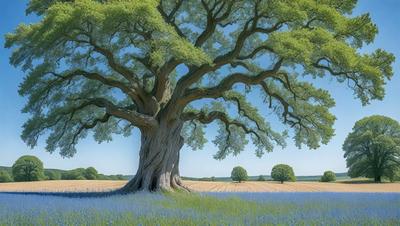 The primary subject of the image is a large, old tree with a gnarled trunk, surrounded by a field of blue flowers. The tree is situated in the middle of the field, and its branches extend outwards. The setting is a lush, green field with a blue sky in the background. The visual style of the image is a combination of photo and digital art, creating a vibrant and natural atmosphere. The colors and mood of the image are predominantly blue, with the blue flowers and sky creating a ser