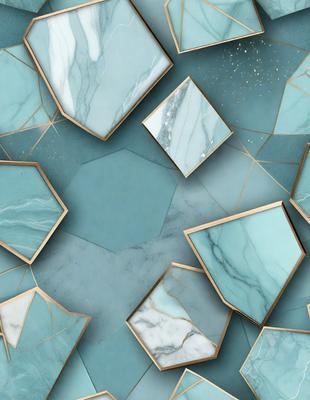 The primary subject of the image is a blue marble wall with a pattern of hexagons. The setting is a room with a blue marble floor, and the visual style is a combination of digital art and illustration. The dominant colors are blue and white, creating a calm and serene atmosphere.