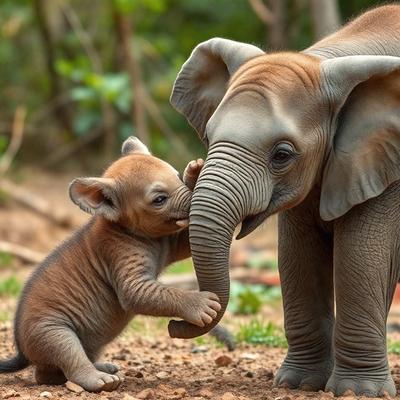 The primary subject of the image is a baby elephant standing next to a larger elephant. The baby elephant is touching the larger elephant's trunk, creating a tender and affectionate moment between the two. The setting is a dirt field, and the visual style appears to be a photo. The colors in the image are predominantly earth tones, giving the scene a natural and serene atmosphere.