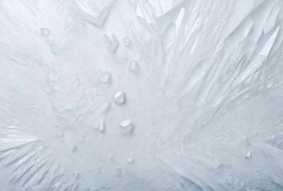 The primary subject of the image is a large, white, frozen object, possibly a piece of ice or a frozen waterfall. The setting is a snowy environment, with the frozen object as the main focus. The visual style appears to be a combination of a photo and digital art, creating a unique and captivating scene. The colors and mood of the image are predominantly white, giving it a cold and icy atmosphere.