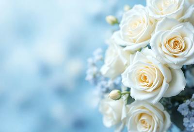 The primary subject of the image is a bouquet of white flowers, which are the main focus of the scene. The flowers are arranged in a vase, and they are placed against a blue background. The visual style of the image is a photo, capturing the beauty of the white flowers in their natural setting. The colors and mood of the image are predominantly white, creating a serene and calming atmosphere.