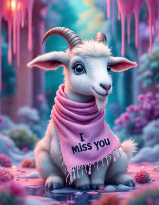 The primary subject of the image is a goat with a pink scarf around its neck. The goat is sitting on a pink surface, which is likely a part of a digital art or illustration. The visual style of the image suggests that it is a digital art or illustration, with a focus on the goat and its pink scarf. The colors and mood of the image are predominantly pink, creating a warm and inviting atmosphere.