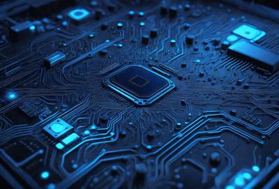 The primary subject of the image is a close-up of a computer chip, which is the main focus of the image. The setting is a blue background, which adds a unique visual style to the image. The colors and mood of the image are predominantly blue, creating a calm and serene atmosphere.