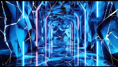 The primary subject of the image is a long, narrow hallway with a blue and white color scheme. The setting is a futuristic, geometric environment, possibly a space station or a futuristic building. The visual style is a combination of digital art and illustration, creating a unique and captivating atmosphere. The dominant colors are blue and white, with the blue walls and white floor creating a sense of depth and contrast. The overall mood of the image is futuristic and intriguing, inviting the viewer to