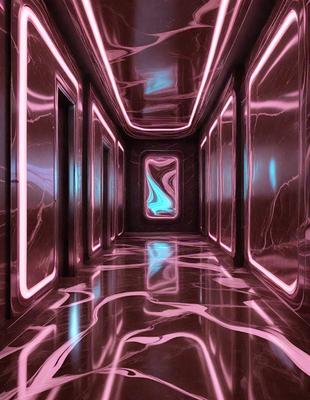 The primary subject of the image is a hallway with a pink and purple color scheme. The setting is a dark room with a patterned floor, and the visual style appears to be a combination of photo and digital art. The colors and mood of the image are vibrant and energetic, creating a unique and captivating atmosphere.