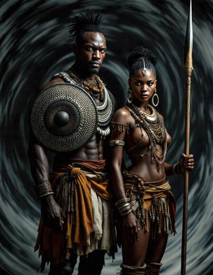 The primary subject of the image is a man and a woman standing together. They are both wearing costumes, with the man wearing a shield and the woman wearing a necklace. The setting appears to be a dark room, and the visual style is a black and white photo. The dominant colors are black and white, creating a moody atmosphere.