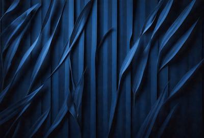 The primary subject of the image is a blue wall with a pattern of swirling, curling, and twisting lines. The setting is a room with a blue backdrop, and the visual style appears to be a digital art or illustration. The dominant colors in the image are blue and black, creating a moody and dramatic atmosphere.