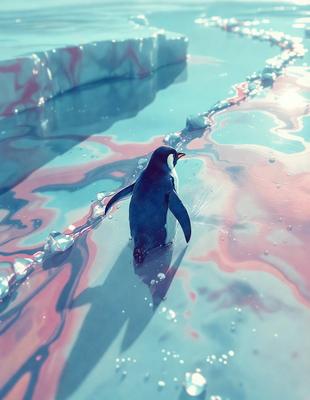 The primary subject of the image is a penguin standing in a body of water, possibly an ocean or a lake. The setting is a colorful, watery environment with a blue and pink hue. The visual style appears to be a digital art or illustration, as the penguin is depicted in a vibrant and detailed manner. The colors and mood of the image are lively and cheerful, with the pink and blue tones creating a sense of warmth and liveliness.