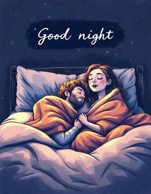 The primary subject of the image is a man and a woman lying in bed together. They are both covered in blankets, and the woman is holding the man's hand. The setting is a bedroom, and the visual style is a hand-drawn illustration. The colors and mood of the image are warm and cozy, with the couple appearing to be enjoying a peaceful and intimate moment.