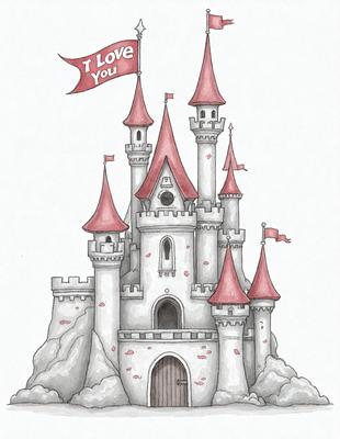 The primary subject of the image is a castle with a flag flying on top of it. The setting is a fantasy-like environment, and the visual style is a hand-drawn illustration. The colors and mood of the image are predominantly pink and white, giving it a whimsical and romantic atmosphere.