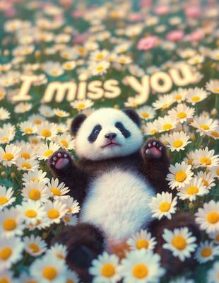 The primary subject of the image is a panda bear. The setting is a field of flowers, with the panda bear laying down in the middle of the field. The visual style is a combination of photo and digital art, creating a whimsical and playful atmosphere. The colors are predominantly white, with the panda bear being black and white, and the flowers being predominantly white as well.