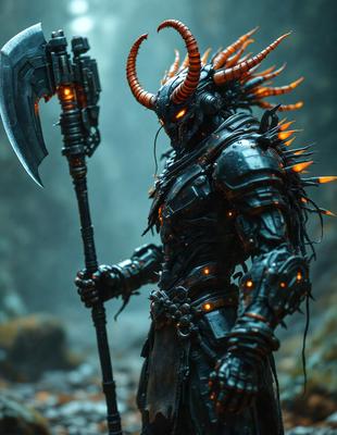 The primary subject of the image is a character with a demonic appearance, wearing a suit and holding a large, glowing sword. The setting is a dark, possibly underground environment, with a rocky background. The visual style is a combination of photo and digital art, creating a unique and intriguing scene. The colors are predominantly dark, with the glowing sword providing a contrasting element. The overall atmosphere is mysterious and intense, as the character seems to be a powerful and fearsome figure.