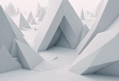 The primary subject of the image is a large white structure, possibly a building or a sculpture, with a unique design. The setting is a white, geometric landscape, which adds to the visual style of the image. The overall atmosphere is clean, minimalistic, and artistic.