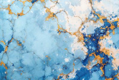 The primary subject of the image is a blue and gold marbled wallpaper. The setting is a wall with a blue and gold marbled pattern. The visual style is a close-up of the marbled wallpaper, showcasing its intricate design. The colors and mood of the image are predominantly blue and gold, creating a warm and elegant atmosphere.