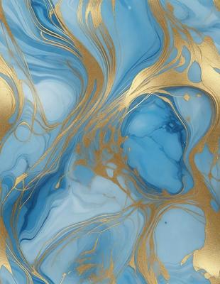 The primary subject of the image is a blue and gold swirling pattern, which appears to be a painting or a digital artwork. The setting is a blue background, and the visual style is a combination of photo and digital art. The colors and mood of the image are vibrant and lively, with the blue and gold colors creating a sense of depth and movement.