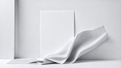 The primary subject of the image is a white sheet of paper. The setting is a white background, which creates a clean and minimalist appearance. The visual style is a photo, capturing the paper in its natural form. The colors and mood are predominantly white, giving the image a calm and serene atmosphere.