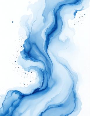 The primary subject of the image is a blue and white water-like substance, possibly a painting or drawing. The setting is a white background, which provides a clean and uncluttered environment for the artwork. The visual style appears to be a combination of digital art and illustration, as the blue and white colors create a sense of depth and movement. The overall atmosphere of the image is serene and calming, with the blue and white colors evoking a sense of tranquility.