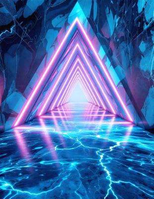The primary subject of the image is a tunnel-like structure with a blue light illuminating it. The tunnel is made of a combination of blue and pink triangles, giving it a unique and visually striking appearance. The setting is a futuristic environment, with the tunnel extending into the distance. The visual style of the image is digital art, as it appears to be a computer-generated or digitally rendered scene. The dominant colors in the image are blue and pink, creating a sense of depth and a futuristic