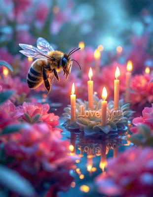 The primary subject of the image is a bee hovering over a lit candle. The setting is a garden with pink flowers, and the visual style is a digital art illustration. The dominant colors are pink and yellow, creating a warm and inviting atmosphere.