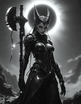 The primary subject of the image is a woman dressed in a black outfit, holding a large sword. She is standing in front of a moon, which is in the background. The visual style of the image is a black and white drawing, giving it a classic and dramatic appearance. The woman's outfit and the sword suggest a strong and powerful presence, while the moon adds a sense of mystery and magic to the scene.