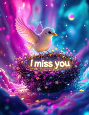The primary subject of the image is a small bird perched on a colorful, rainbow-colored bird's nest. The setting is a vibrant, artistic environment with a background of a rainbow. The visual style is a digital art or illustration, creating a whimsical and lively atmosphere. The colors and mood are predominantly bright and cheerful, with the bird's nest being the focal point of the image.