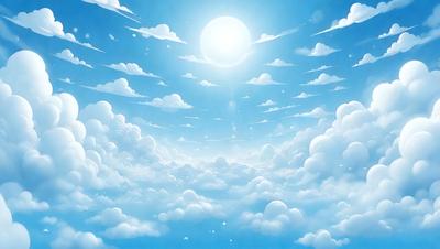 The primary subject of the image is a beautiful, colorful, and cloudy sky. The setting is a vast, open space with a blue background. The visual style is a combination of digital art and illustration, creating a vibrant and lively atmosphere. The colors and mood are predominantly blue and white, with a hint of sunlight, giving the scene a serene and peaceful ambiance.
