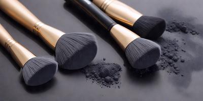 The primary subject of the image is a collection of four makeup brushes. The brushes are placed on a black surface, which serves as the setting or background. The visual style of the image is a photo, capturing the details of the brushes and their arrangement. The colors in the image are predominantly black, giving the scene a sleek and modern appearance.