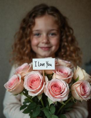 The primary subject of the image is a young girl holding a bouquet of pink roses. She is smiling and appears to be enjoying the moment. The setting is indoors, with the girl standing in front of a wall. The visual style is a photo, capturing the girl's happiness and the beauty of the roses. The colors and mood of the image are predominantly pink, creating a warm and joyful atmosphere.