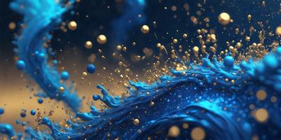 The primary subject of the image is a blue ocean with a splash of gold. The setting is a blue and gold ocean, and the visual style is a digital art or illustration. The dominant colors are blue and gold, creating a serene and calming atmosphere.