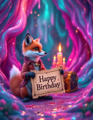 The primary subject of the image is a fox holding a sign that reads "Happy Birthday." The setting is a purple background, which adds a whimsical and festive atmosphere to the scene. The visual style is a digital art, as the fox and the sign are both well-defined and detailed. The colors and mood of the image are predominantly purple, which is often associated with celebrations and special occasions.